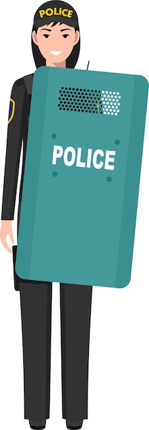 Standing SWAT Policewoman Officer with Metal Protective Shield in Traditional Uniform Character Icon