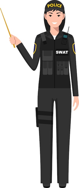 Standing SWAT Policewoman Officer with Wooden Pointer Stick in Traditional Uniform Character Icon