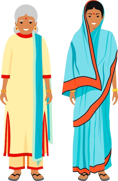 Standing Together Old and Young Indian Women in Traditional National Clothes in Flat Style Vector