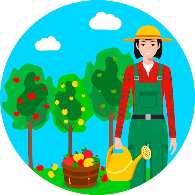 Standing Woman Farmer Holding Watering Can on Background with Basket Apples and and Apple Trees