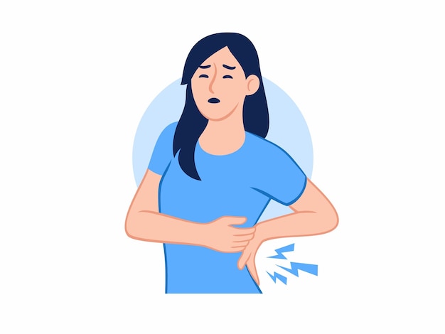 허리 통증 근육통을 앓고 있는 서 있는 여성 요통 척추 통증