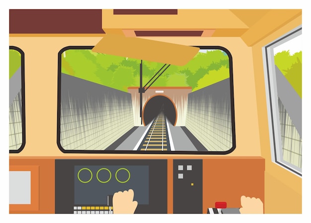 Vector standpunt van de machinist wanneer de trein een tunnel binnengaat eenvoudige platte illustratie in perspectief