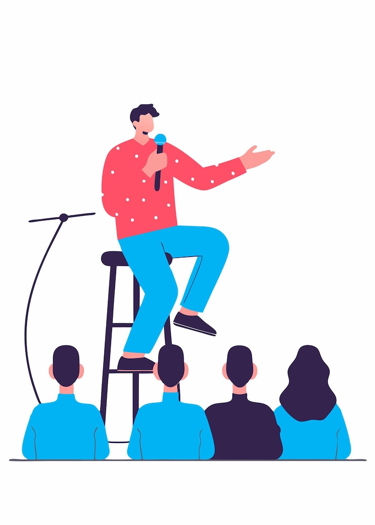 Vector standup comedian with microphone performing his comedy standup comic with mike telling jokes at open mic show live performer sitting on stool flat concept illustration art on white background