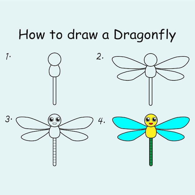 Stap voor stap een Dragonfly Drawing-tutorial tekenen, een Dragonfly Drawing-les voor kinderen