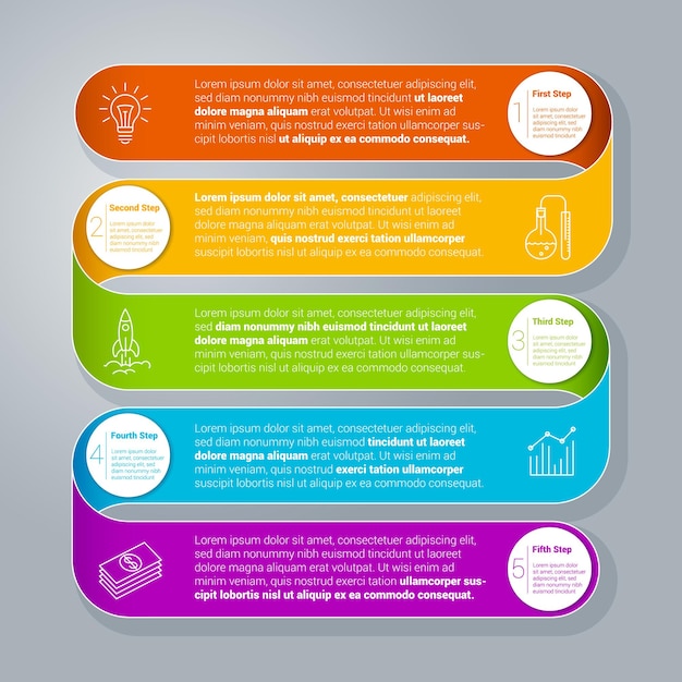 Stap voor stap regenboog lint infographics sjabloon.