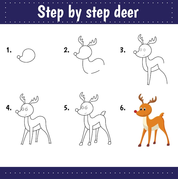 Vector stap voor stap tekenen. zelfstudie tekenen voor kinderen. eenvoudig niveau. onderwijs bladen. hoe herten te tekenen. werkbladen