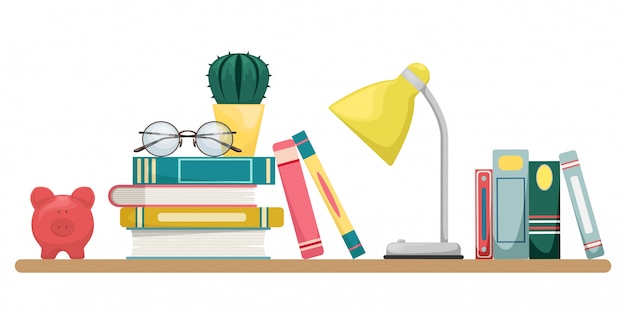 Vector stapel boeken met een lamp, glazen en cactus. kennis, leren en onderwijs conceptontwerp.