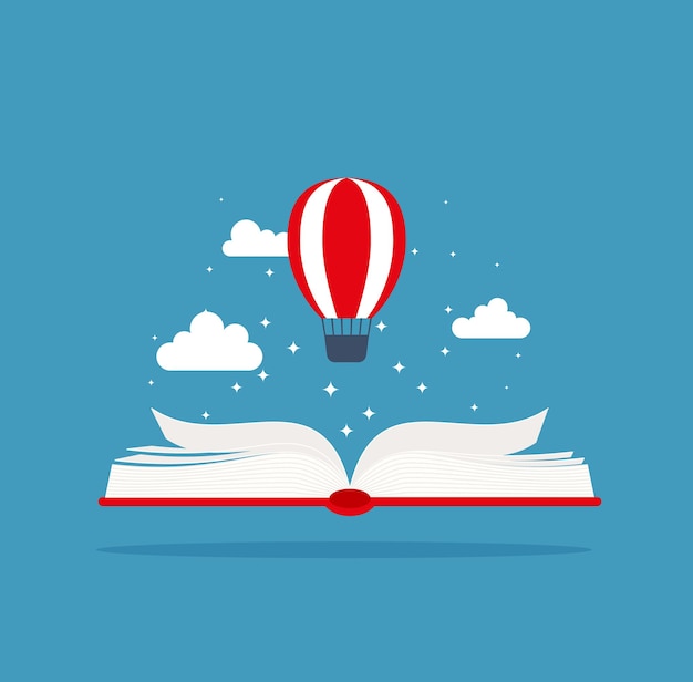 Stapel boeken met luchtballon Fantasie sprookje Verbeelding en inspiratie afbeelding Platte vectorillustratie