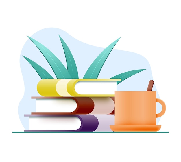 Stapel boeken of leerboeken koffiekopje en kamerplant geïsoleerd op een witte achtergrond