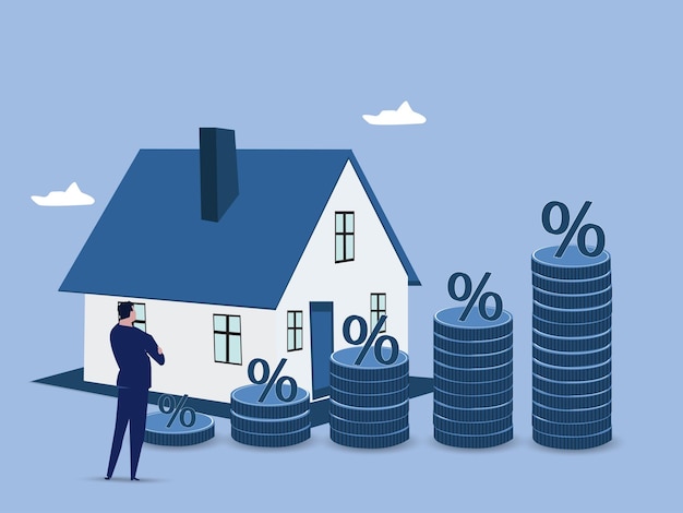 Stapel munten als grafiek trend omhoog en rentetarieven met huis FED fix recessie inflatiecrisis door rente te verhogen dat effect heeft op huiskoper Hypotheeklening concept vectorillustratie