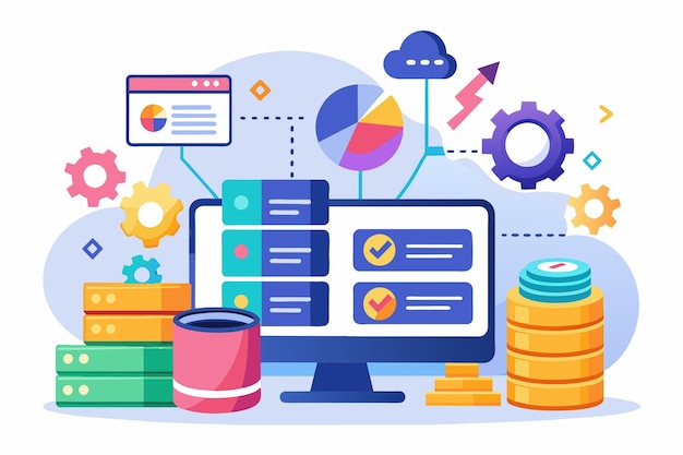 Stapel munten naast een computerscherm die financieel management of beleggingsonderzoek suggereert Database managementonderzoek Eenvoudige en minimalistische platte vectorillustratie