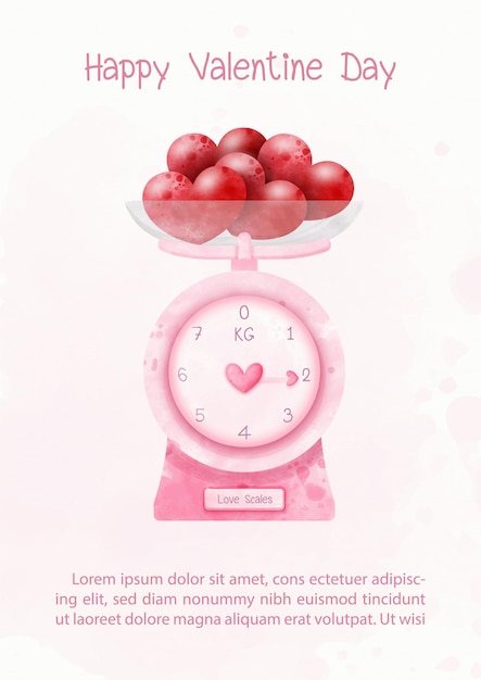 Vector stapel rode harten geplaatst op een roze antieke schaal met valentine's day woorden.