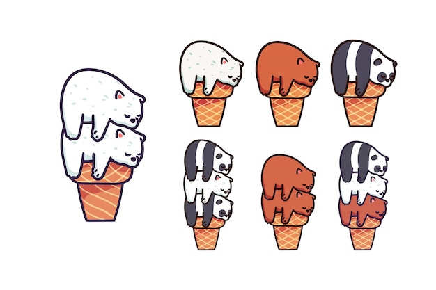 Vector stapel schattige panda, polar en brown bear karakter slapen op ice cream cone sticker illustratie