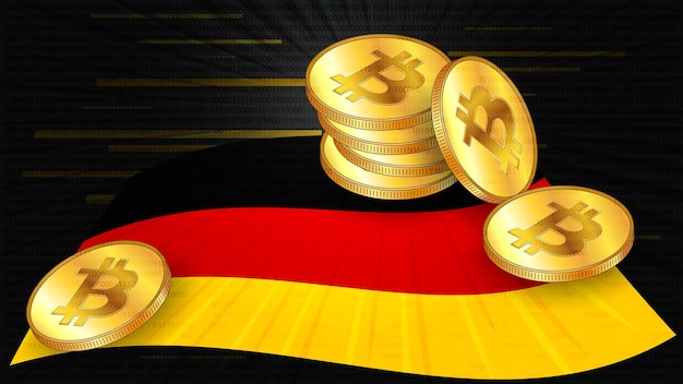 Stapels gouden munten van Bitcoin BTC op gekleurde vlag van Duitsland op donkere digitale achtergrond Centrale Bank van Deutschland neemt wetten aan over digitale activa CBDC