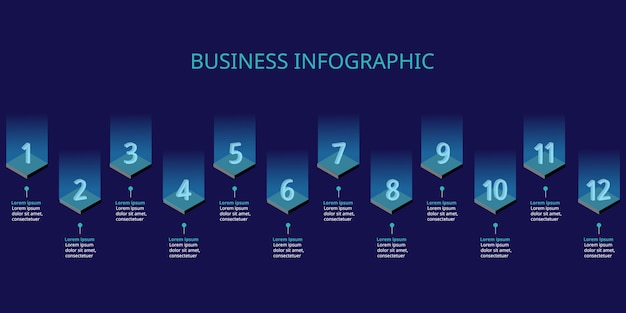 stapnummer grafieksjabloon voor infographic voor presentatie voor 12 elementen met blauw licht