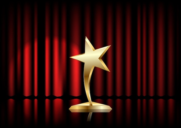 Vector star award on trophy realistic 3d illustration winner prize on red curtain backdrop