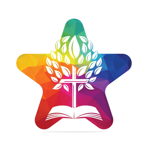 Star Bible Cross Tree Logo Design Christian Star Church Tree Cross Vector Template Design