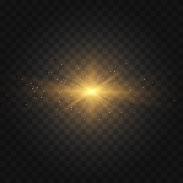 ベクトル キラキラとスターバースト。黄色の輝く光のセットが透明な背景に爆発します。ゴールドラメブライトスター。透明な太陽、明るいフラッシュ