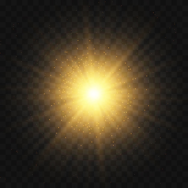 Star burst with sparkles. Set of yellow  glowing light explodes on a transparent background Sparkling magical dust particles. Gold glitter Bright Star. Transparent shining sun, bright flash