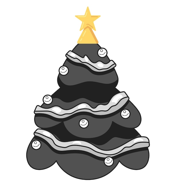 Star Christmas tree decorated tinsel black and white 2D cartoon object Classic baubles garlands xmas pine tree isolated vector outline item Christmas spirit monochromatic flat spot illustration