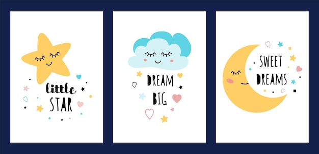 Star cloud maan slaap kaartenset kleurrijke slapende karakterverzameling geïsoleerd op wit grappige posters tekst dream big sweet dreams little star kids flyers print voor textiel doek vector illustratie