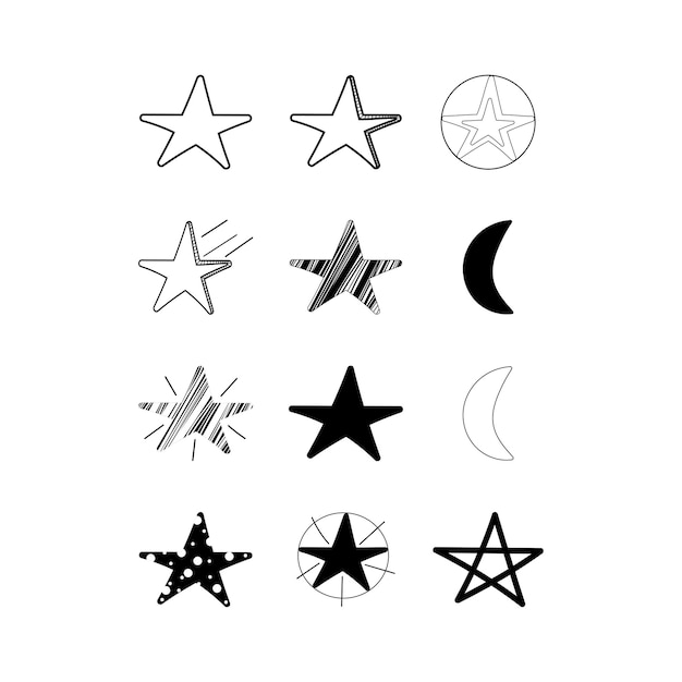 Vector star collection in doodle style hand drawn set