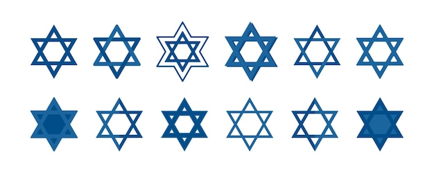 다윗의 별 아이콘 세트 블루 데이비드 별 컬렉션 하누카를 위한 유태인 헥사그램 기호