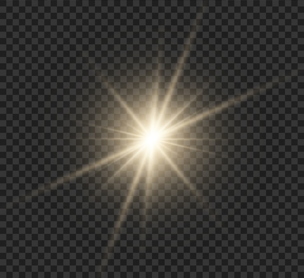 투명한 배경에서 별이 밝은 플레어로 폭발합니다. 밝은 별. 투명한 빛나는 태양, 밝은 플래시.