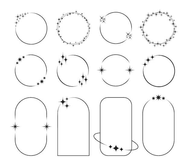 ベクトル スター フレーム 星と線の境界線自由奔放に生きる円形と長方形のフレーム y2k 美的最小限のレトロな星空要素スターダストとアーチ輝きベクトル セット
