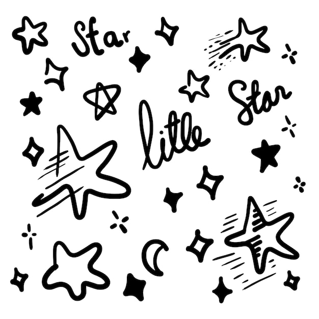 Star hand drawn set Black vector star illustration drawn in doodle style on a white background