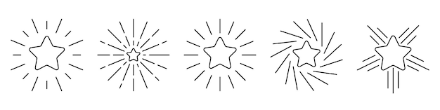 Star icon Set of linear stars with rays Black vector icons