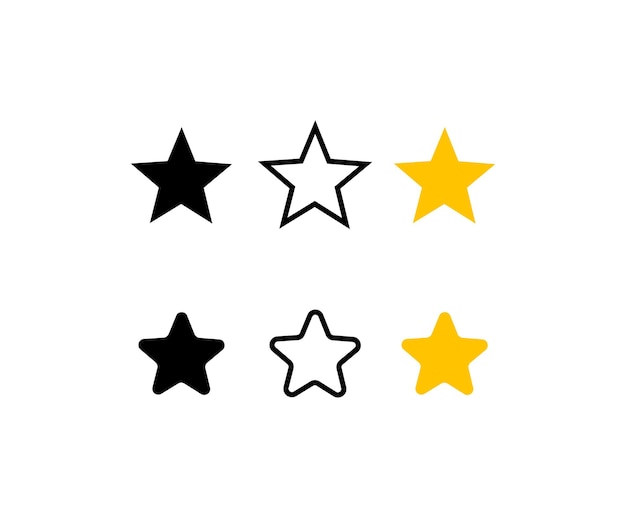 星のアイコンを設定します。ベクトルフラットイラスト。星は黒、黄色、黒い線と丸い角があります