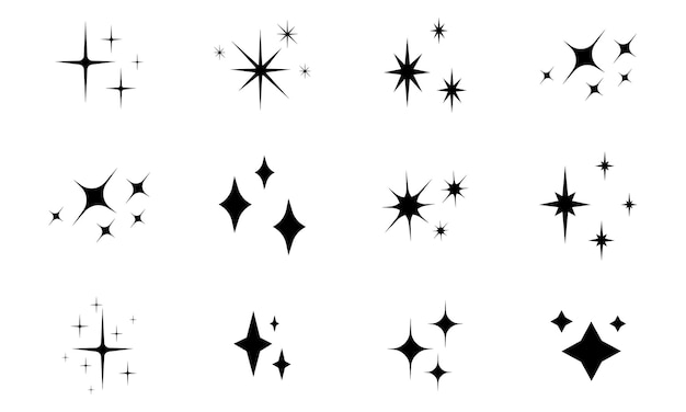 Звездные иконки. Векторный набор звезд разной формы. Игристые звезды на белом фоне.