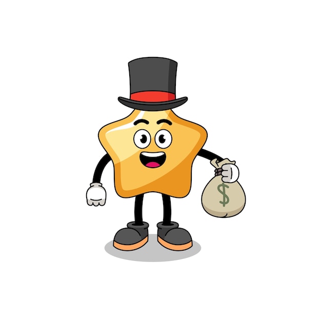 Star mascot illustration rich man holding a money sack