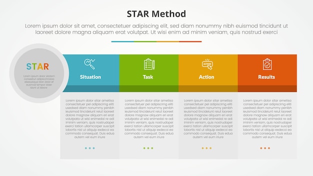 star method infographic concept for slide presentation with big table shape big header and circle edge with 4 point list with flat style