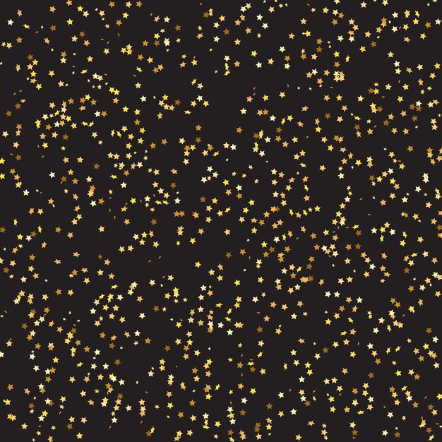 Vector star sequin confetti on black background. voucher gift card template. isolated flat birthday card. golden stars banner. vector gold glitter. falling particles on floor. christmas party frame.