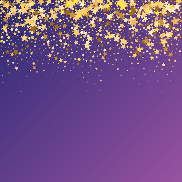 Star sequin confetti on neon purple background. christmas party frame. isolated flat birthday card. golden stars banner. voucher gift card template. vector gold glitter. falling particles on floor