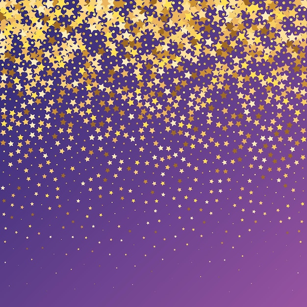 star sequin confetti on neon purple background. isolated flat birthday card. golden stars banner. christmas party frame. vector gold glitter. falling particles on floor. voucher gift card template.