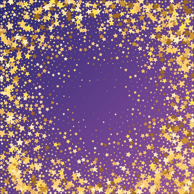 Vector star sequin confetti on neon purple background. isolated flat birthday card. golden stars banner. vector gold glitter. falling particles on floor. voucher gift card template. christmas party frame.