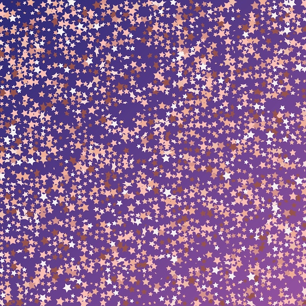 Vettore coriandoli di paillettes stelle su sfondo viola al neon. scintillio dell'oro di vettore. particelle che cadono sul pavimento. cornice per feste di natale. modello di buono regalo. biglietto d'auguri piatto isolato. banner di stelle dorate.