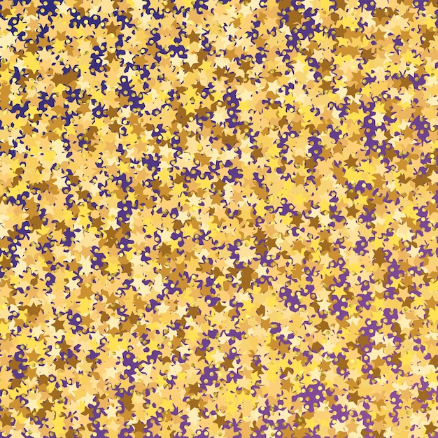 Coriandoli di paillettes stelle su sfondo viola al neon. scintillio dell'oro di vettore. particelle che cadono sul pavimento. cornice per feste di natale. modello di buono regalo. biglietto d'auguri piatto isolato. banner di stelle dorate.