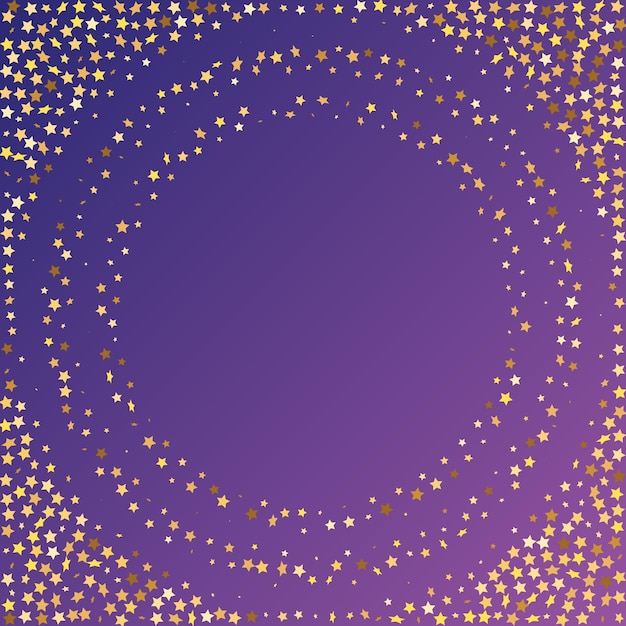 Star sequin confetti on neon purple background. vector gold glitter. falling particles on floor. isolated flat birthday card. golden stars banner. voucher gift card template. christmas party frame