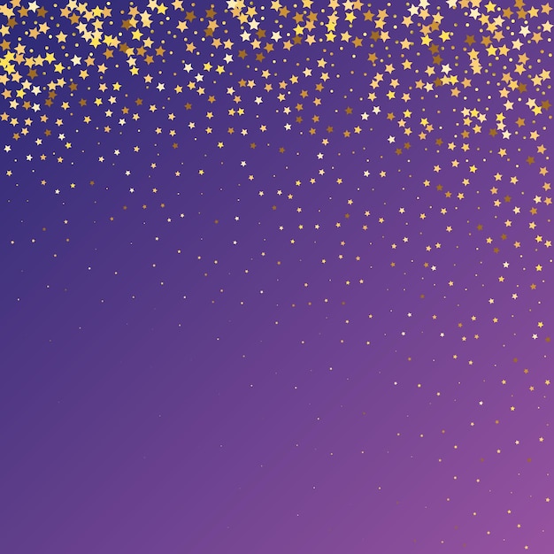 Star sequin confetti on neon purple background. voucher gift card template. isolated flat birthday card. golden stars banner. vector gold glitter. falling particles on floor. christmas party frame