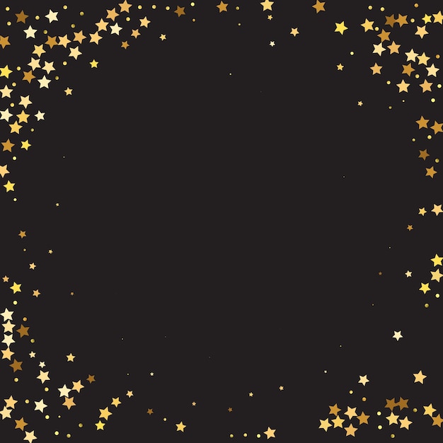 Звезда sequin конфетти на черном фоне. рамка для рождественской вечеринки. вектор золотой блеск. падающие частицы на пол. шаблон подарочной карты ваучера. изолированная плоская открытка на день рождения. знамя золотых звезд.