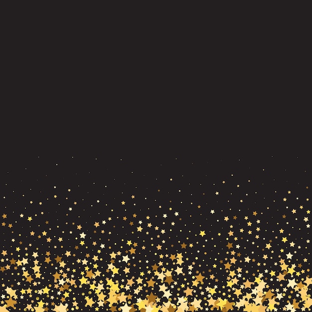 Star Sequin Confetti op zwarte achtergrond. Christmas Party Frame. Voucher Gift Card Template. Geïsoleerde platte verjaardagskaart. Golden Stars Banner. Vector Gold Glitter. Falling Particles on Floor.