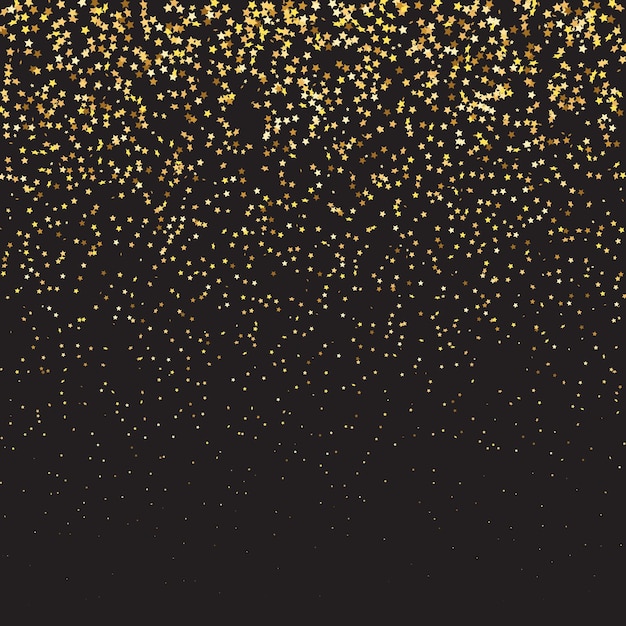 Star Sequin Confetti op zwarte achtergrond. Voucher Gift Card Template. Isolated Flat Birthday Card. Golden Stars Banner. Christmas Party Frame. Vector Gold Glitter. Falling Particles on Floor.