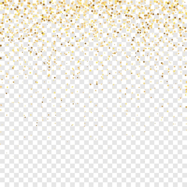 Vector star sequin confetti on transparent background. christmas party frame. isolated flat birthday card. golden stars banner. vector gold glitter. falling particles on floor. voucher gift card template.