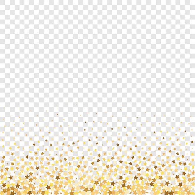 Vector star sequin confetti on transparent background. christmas party frame. isolated flat birthday card. golden stars banner. vector gold glitter. falling particles on floor. voucher gift card template.