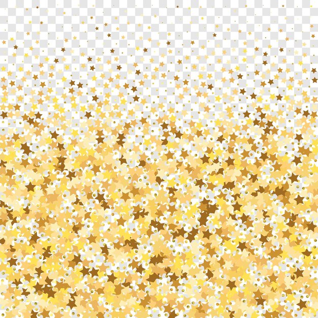 Star Sequin Confetti on Transparent Background. Vector Gold Glitter. Falling Particles on Floor. Christmas Party Frame. Isolated Flat Birthday Card. Golden Stars Banner. Voucher Gift Card Template.