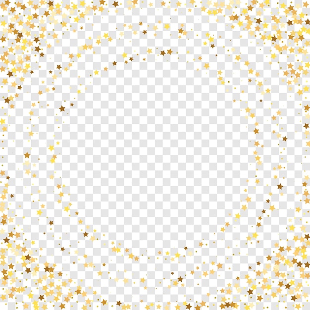 Star sequin confetti on transparent background. voucher gift card template. isolated flat birthday card. golden stars banner. christmas party frame. vector gold glitter. falling particles on floor.